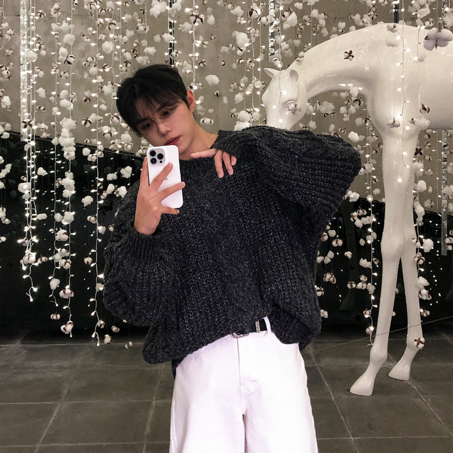 MRDONG韩国男装代购落肩OVERSIZE立体麻花纹理混色粗棒针织衫毛衣