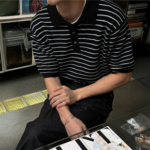 T恤 MRDONG韩国男装 代购 精工纹理感气质横条纹宽松针织POLO衫 短袖