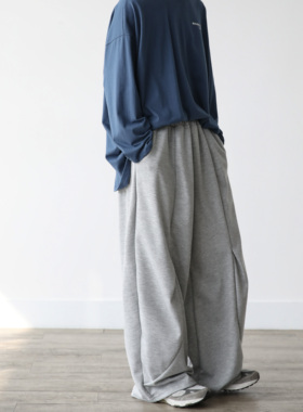 MRDONG韩国代购男装弧形开衩压褶气球阔版休闲卫裤廓形感街潮先锋