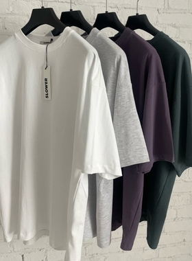 韩国男装代购SLOWER高品纯色圆领基本款小众设计感宽松BOX短袖T恤