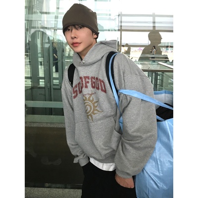 MRDONG韩国男装代购太阳图腾爆裂做旧字母短款设计感宽松连帽卫衣