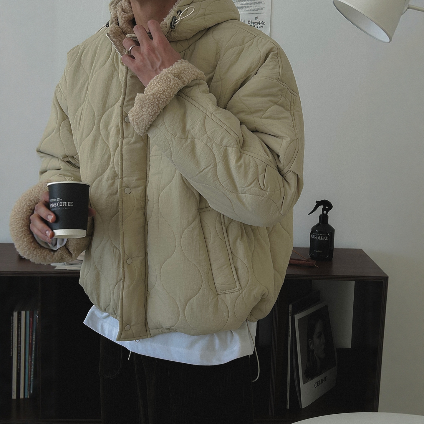 韩国男装羊羔毛内里波浪绗线棉服