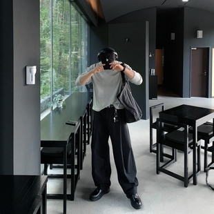 韩国男装代购直播SENNE掐褶膝盖错位高档秋季弧形阔腿伞兵休闲裤