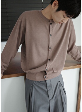 MRDONG韩国代购男装罗纹圆领短款针织开衫极简气质设计感毛衣外套