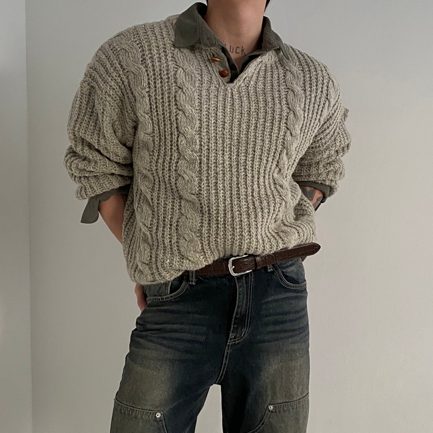 MRDONG韩国男装代购宽幅螺纹亨利领混色麻花纹宽松粗棒针织衫毛衣