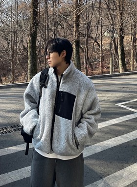 韩国代购男装直播MOLE撞色立领摇粒绒羊羔毛阔版设计师高品棉外套