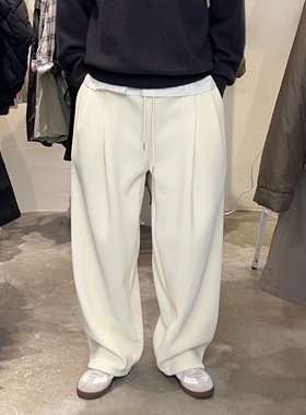 韩国男装代购直播own厚款灯芯绒雪尼尔纹理掐褶阔腿设计师休闲裤