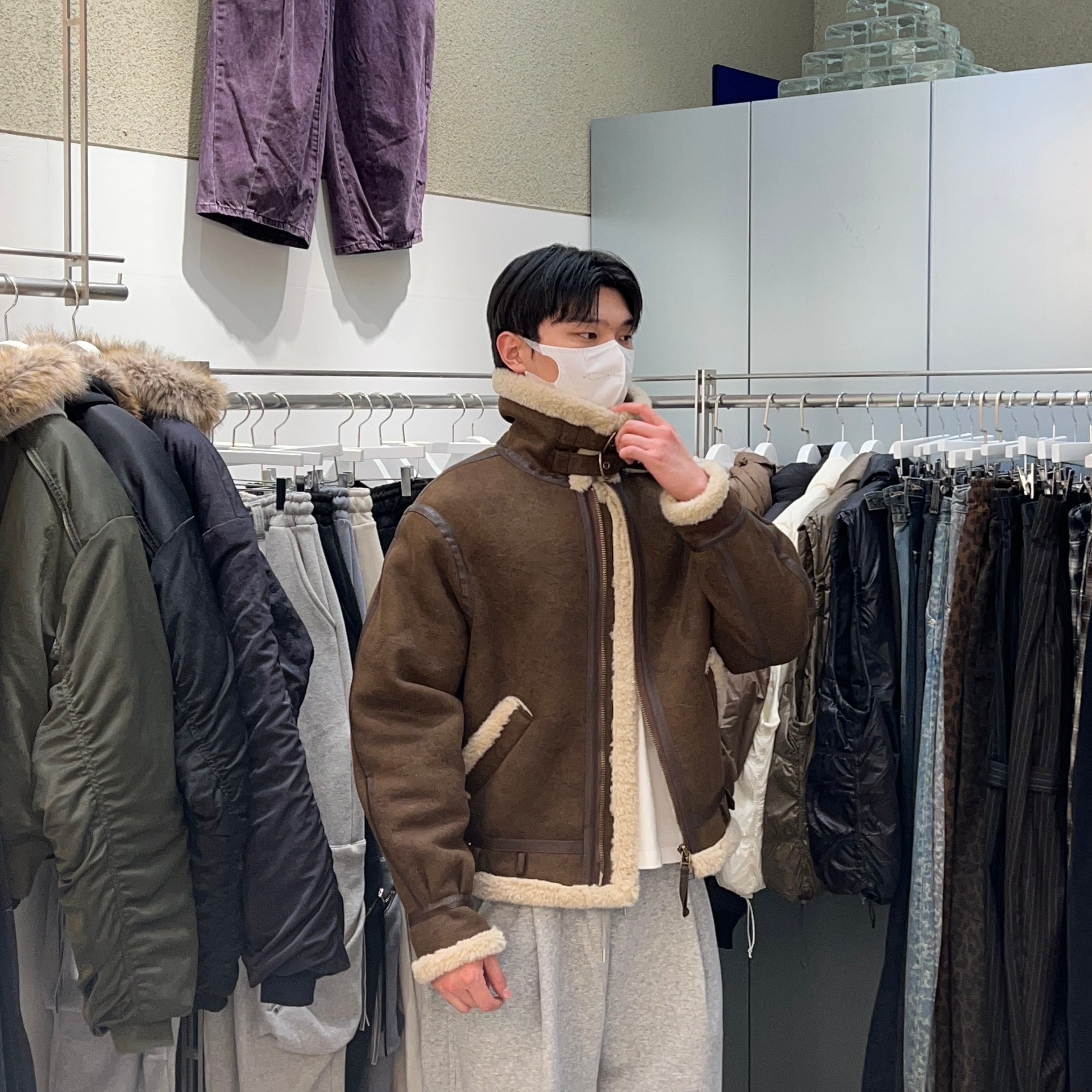 韩国代购爆裂纹理麂皮PU皮毛一体