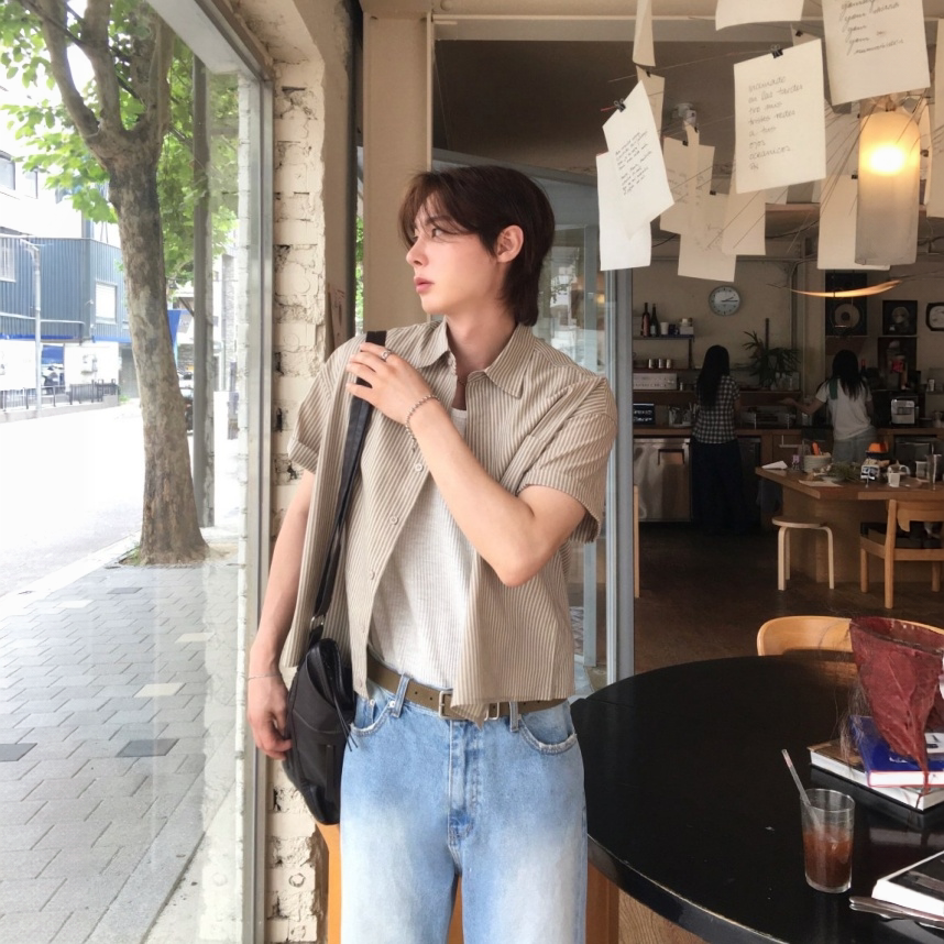 韩国东大门男装代购直播scent短款细条纹复古风夏季宽松短袖衬衫