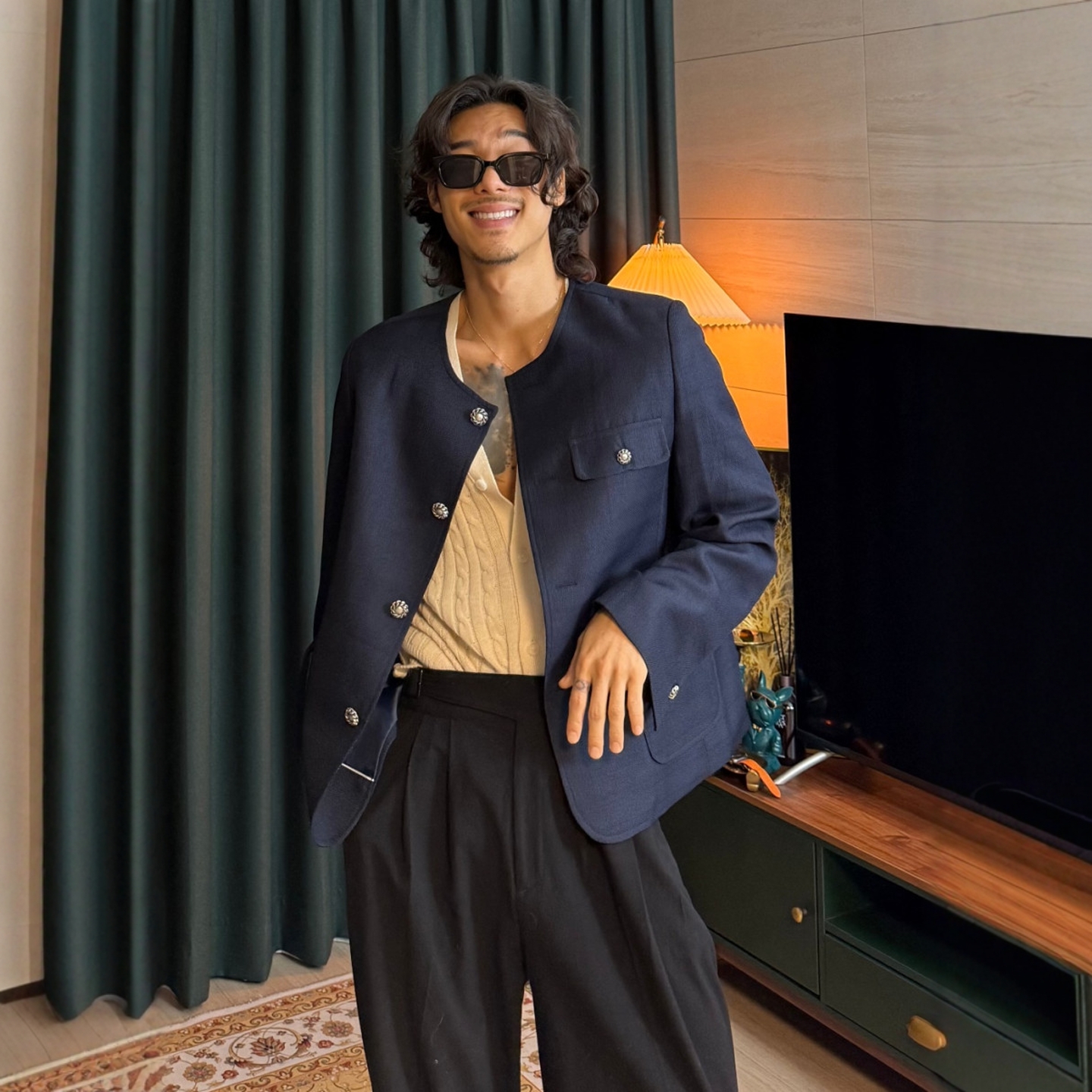 韩国男装法式小香风无领西装外套