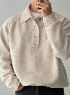 MRDONG韩国男装代购LOGAN美利奴羊毛翻领半开系扣插肩针织衫毛衣