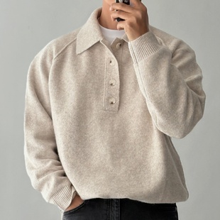 MRDONG韩国男装代购LOGAN美利奴羊毛翻领半开系扣插肩针织衫毛衣