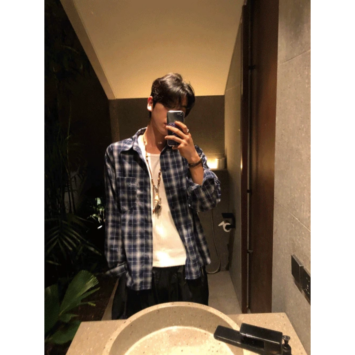 MRDONG韩国代购东大门男装艾伦皱感格纹宽松长袖衬衫秋季小众轻奢