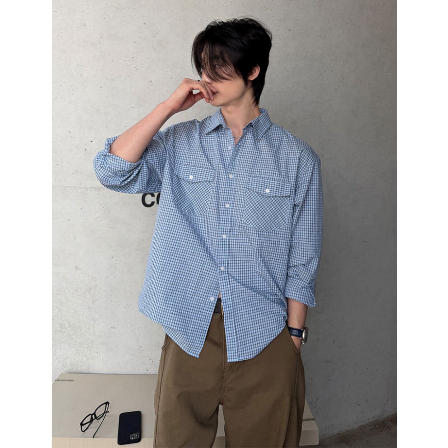 MRDONG韩国代购东大门男装双口袋细格衬衫蓝调宽松叠穿学院风衬衣