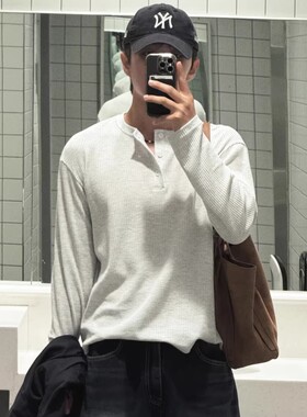 MRDONG韩国代购百搭宽松坑条纹理感短款华夫格亨利领针织长袖T恤