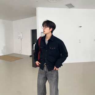 MRDONG韩国代购东大门男装直播LOCAL铆钉双胸袋水洗短款衬衫外套