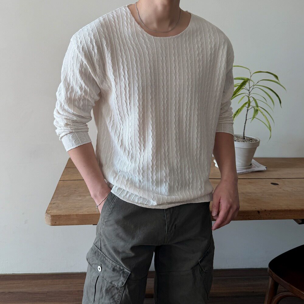 MRDONG韩国代购男装麻花做旧长袖针织薄款宽廓慵懒层次氛围感上衣
