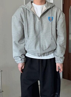 MRDONG韩国代购男装学院风复古徽章连帽拉链卫衣宽松廓形外套潮流