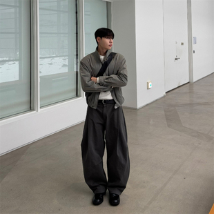 层叠掐褶膝盖错位立体剪裁阔腿高品弯刀休闲裤 MRDONG韩国男装 代购