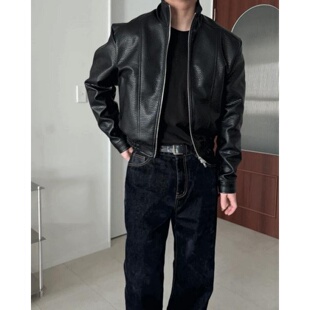 拉链外套气质重工春装 高领机车皮衣夹克短款 潮 男装 MRDONG韩国代购