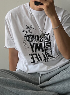 MRDONG韩国代购男装复古简约字母印花短袖衫宽松圆领泼墨潮流T恤