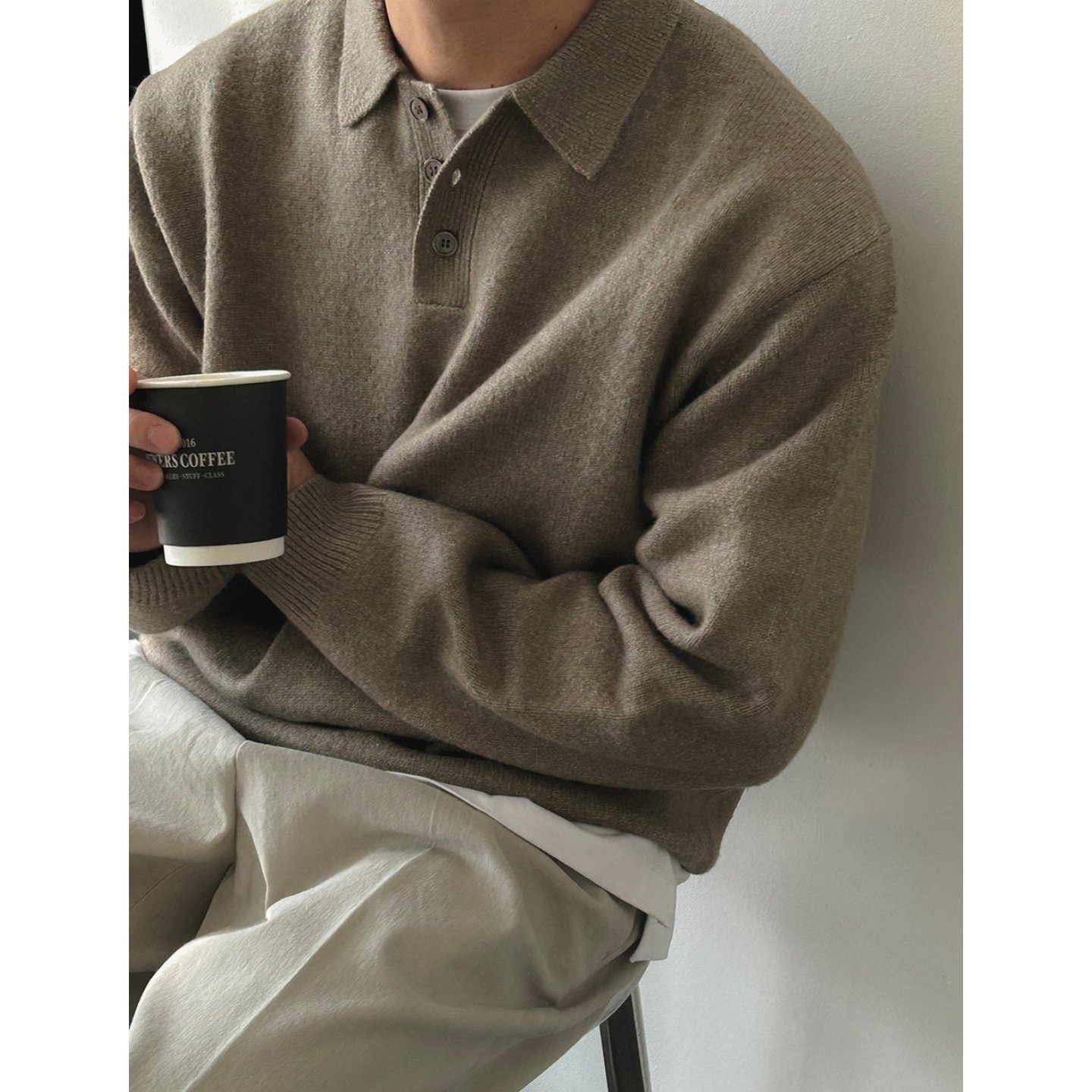 MRDONG韩国男装代购LOGAN高档POLO翻领意大利面料宽松针织衫毛衣