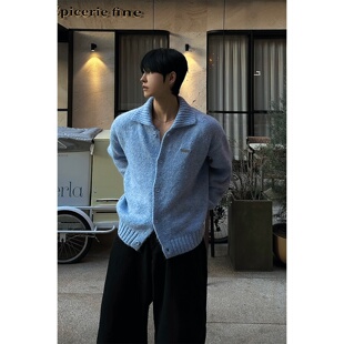 MRDONG韩国代购东大门男装羊毛混纺绒感翻领保暖小标针织开衫外套