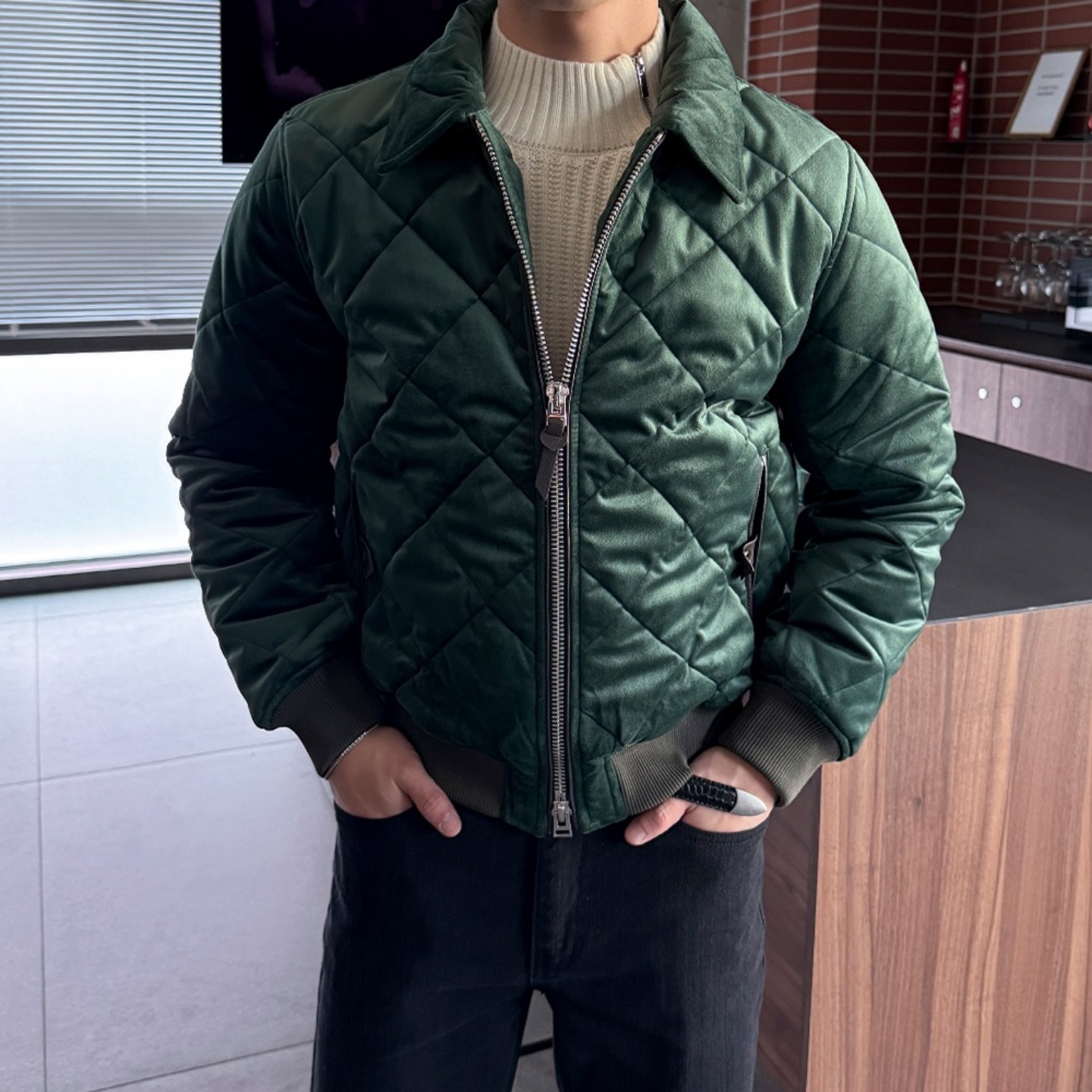 韩国男装高档丝绒菱格绗线棉服