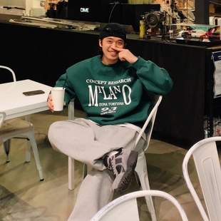 MRDONG韩国代购 米兰字母印花加绒卫衣宽松落肩显瘦学院复古范 男装