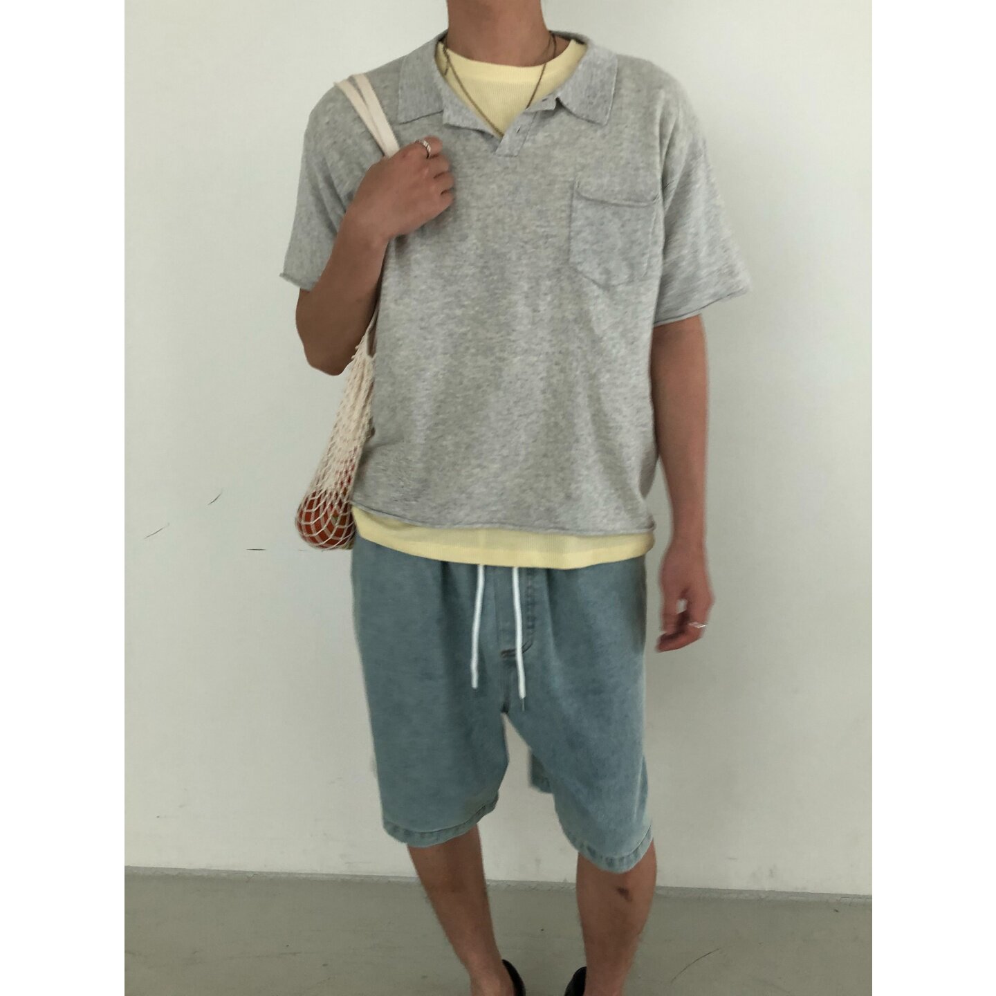 MRDONG韩国代购东大门男装薄款针织卷边单口袋翻领短袖T恤POLO衫