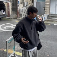 韩国男装代购直播ORDA保暖摇粒绒高领半开按扣可收腰宽松套头卫衣