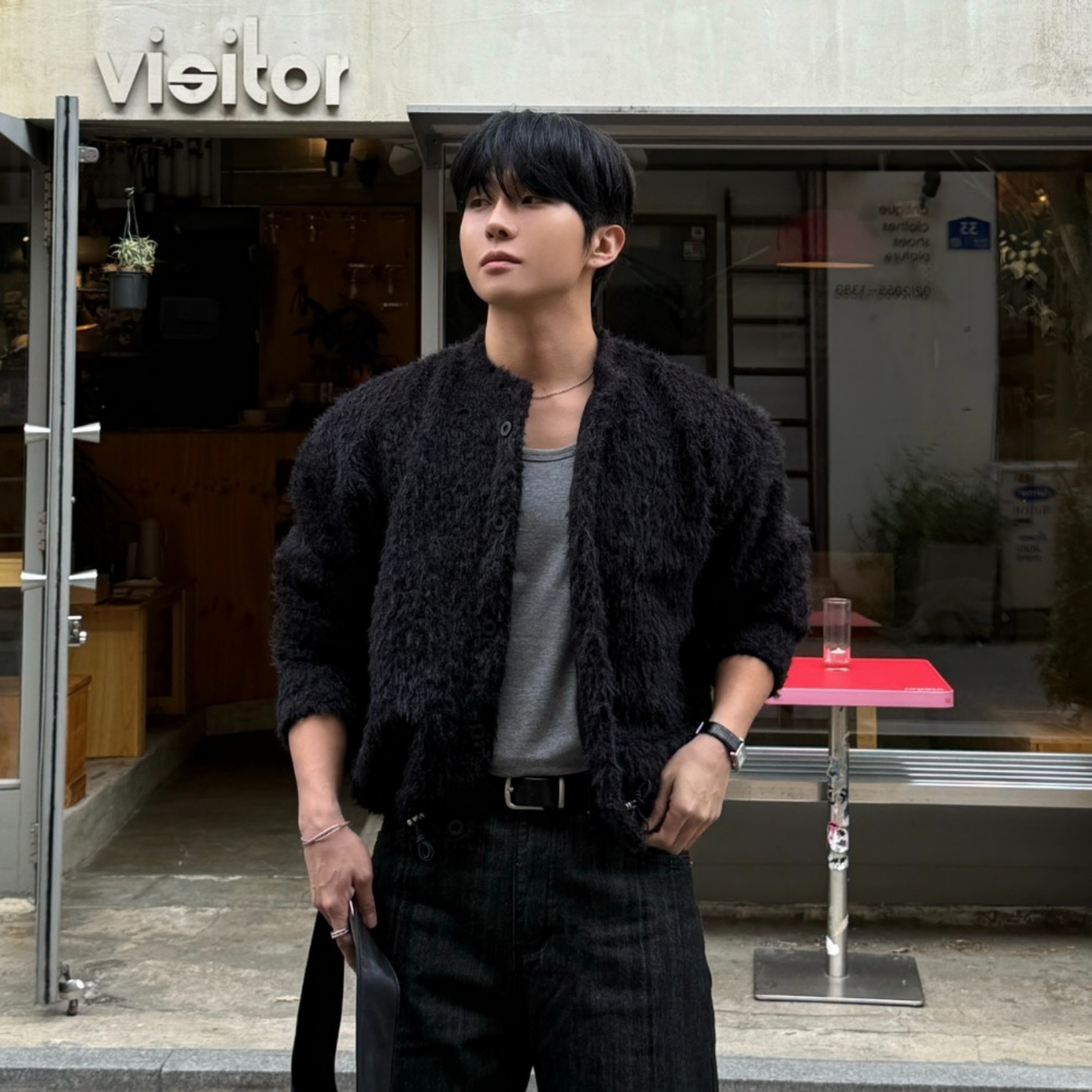 MRDONG韩国男装代购时髦绒感休闲圆领短款可收腰毛呢针织开衫外套