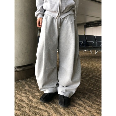 韩国男装折叠单褶皱膝盖捏褶卫裤