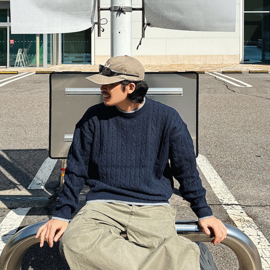 MRDONG韩国代购东大门男装麻花纹撞色拼边圆领针织衫宽松休闲毛衣