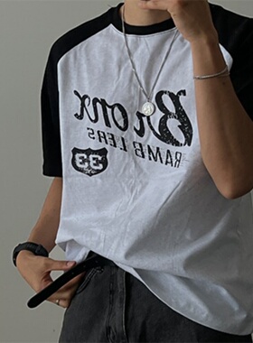 MRDONG韩国代购男装布朗克斯插肩短袖T恤印花复古宽松上衣潮感款