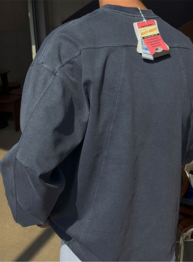 MRDONG韩国男装代购LAINE高档重磅水洗棉切割拼接宽松束口长袖T恤