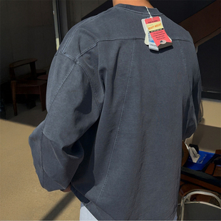 T恤 LAINE高档重磅水洗棉切割拼接宽松束口长袖 MRDONG韩国男装 代购