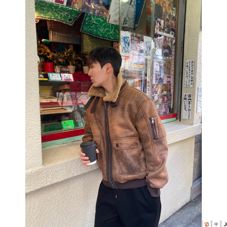 MRDONG韩国代购男装复古B3飞行皮毛一体短夹克拉链立领防风外套