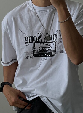 MRDONG韩国代购男装磁带歌单印花短袖T恤圆领复古宽松做旧上衣潮