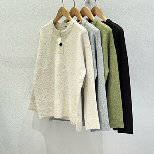 毛衣 亨利领开衩一粒扣软糯高品气质设计师宽松针织衫 韩国男装 代购