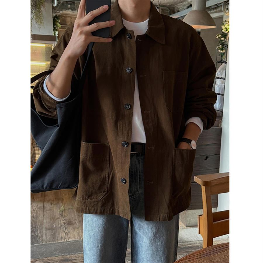 MRDONG韩国男装代购不对称口袋复古设计workwear宽松长袖衬衫外套