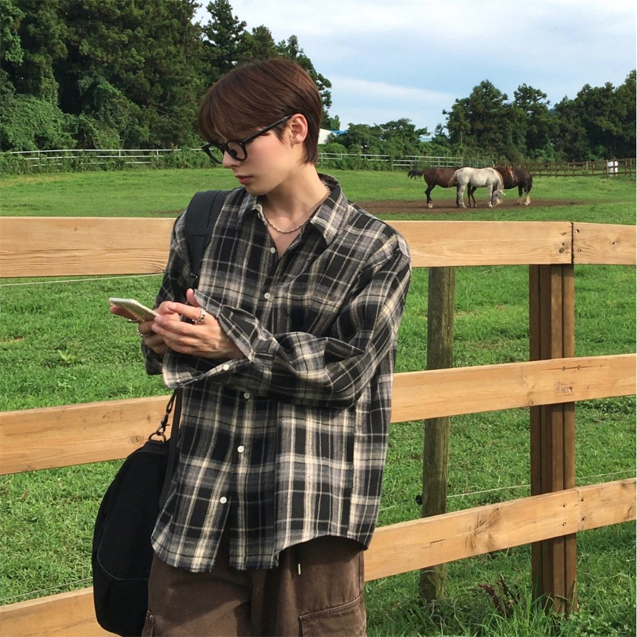 韩国男装磨毛棉质美式格子纹衬衫
