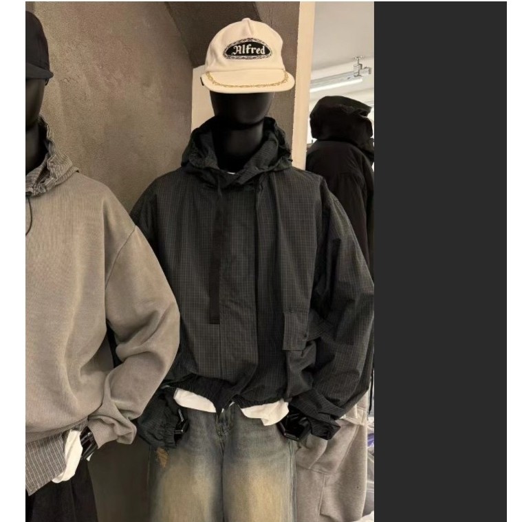 韩国代购男装BALLOW秋冬情侣男女同款潮牌格子口袋连帽夹克外套