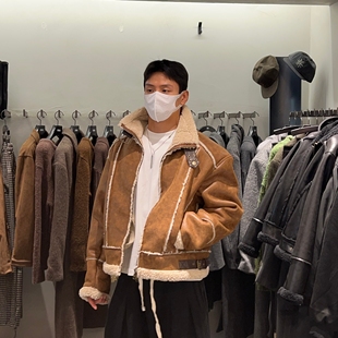 3飞行夹克PU外套 直播own羊羔毛重工翻领仿皮毛一体B 韩国男装 代购