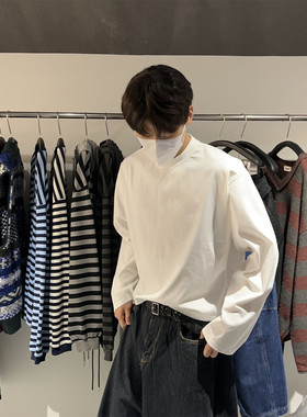 韩国男装早秋短款纯色打底长袖T