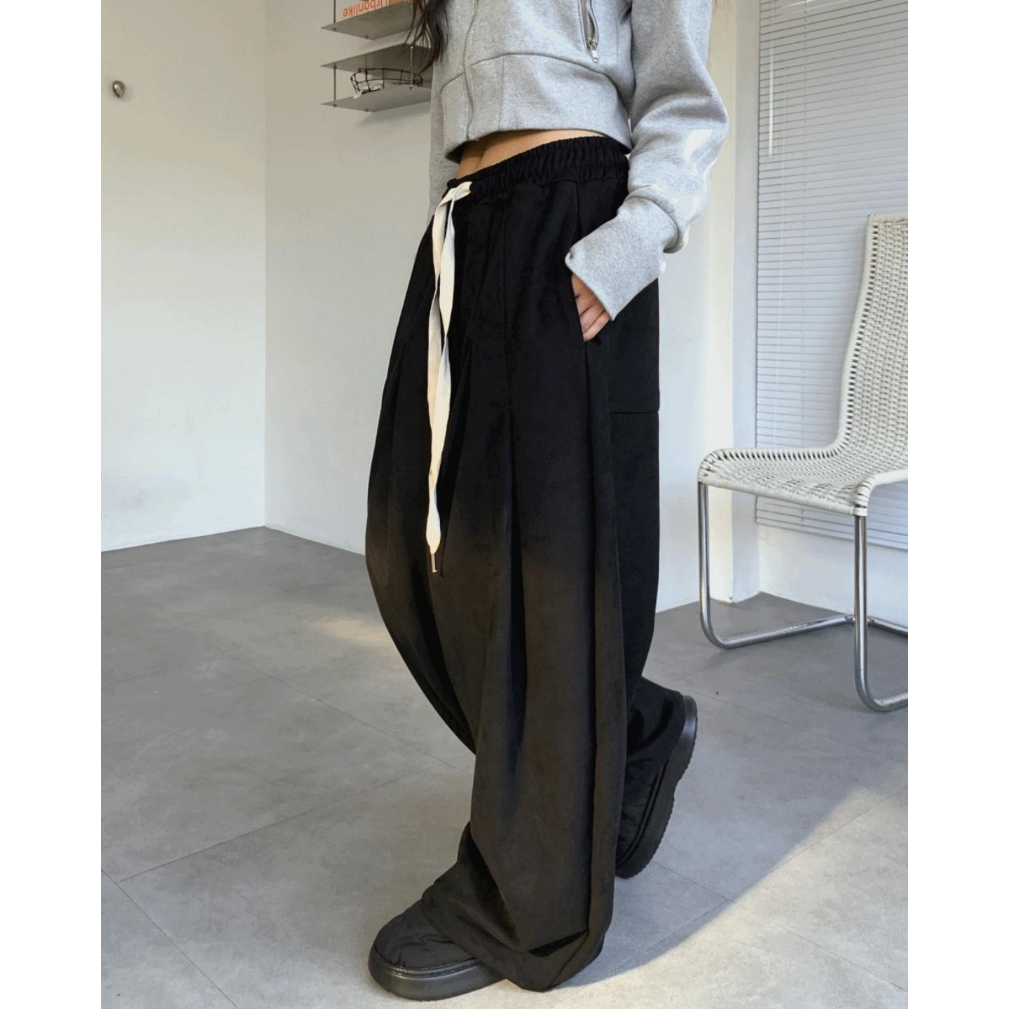 MRDONG韩国代购男女绑带拼接双掐褶麂皮阔腿可束脚balloon休闲裤