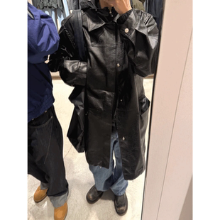 高级感 翻领皮质抽绳中长风衣外套宽松机车潮款 MRDONG韩国代购 男装