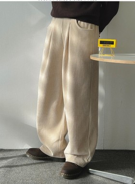MRDONG韩国代购男装维罗亚人字纹松紧保暖直筒高腰垂感掐褶休闲裤