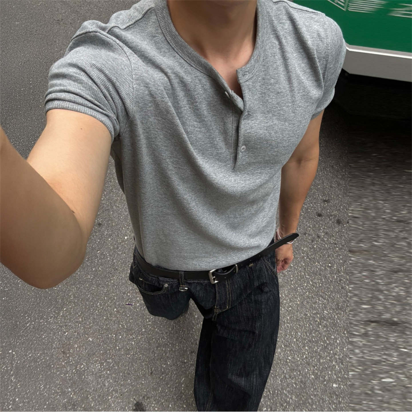 MRDONG韩国男装代购螺纹弹力棉针织轻熟休闲亨利领打底TEE短袖T恤