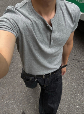 MRDONG韩国男装代购螺纹弹力棉针织轻熟休闲亨利领打底TEE短袖T恤